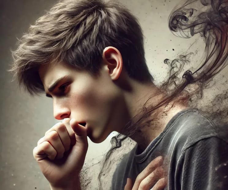 Teenager coughing due to the harmful effects of smoking, with dark cigarette smoke around.