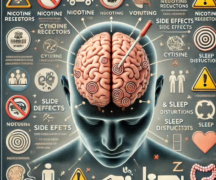 Illustration showing the effects of Cytisine on nicotine receptors in the brain with highlighted side effects such as nausea, vomiting, and sleep disturbances